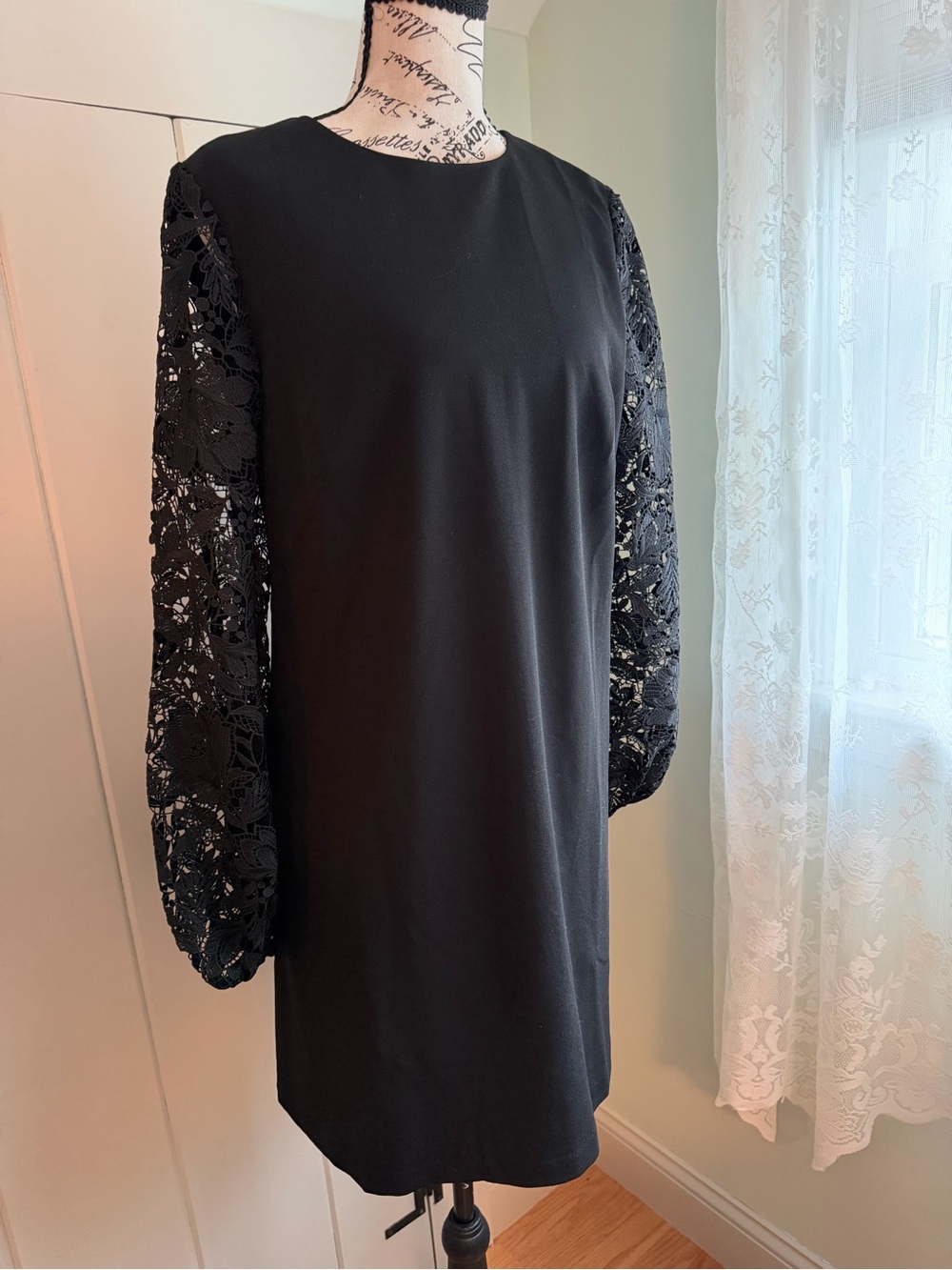 White House Black Market Black Dress with Lace Sleeves